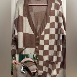 BloomChic Brown and Cream Checkered Cardigan